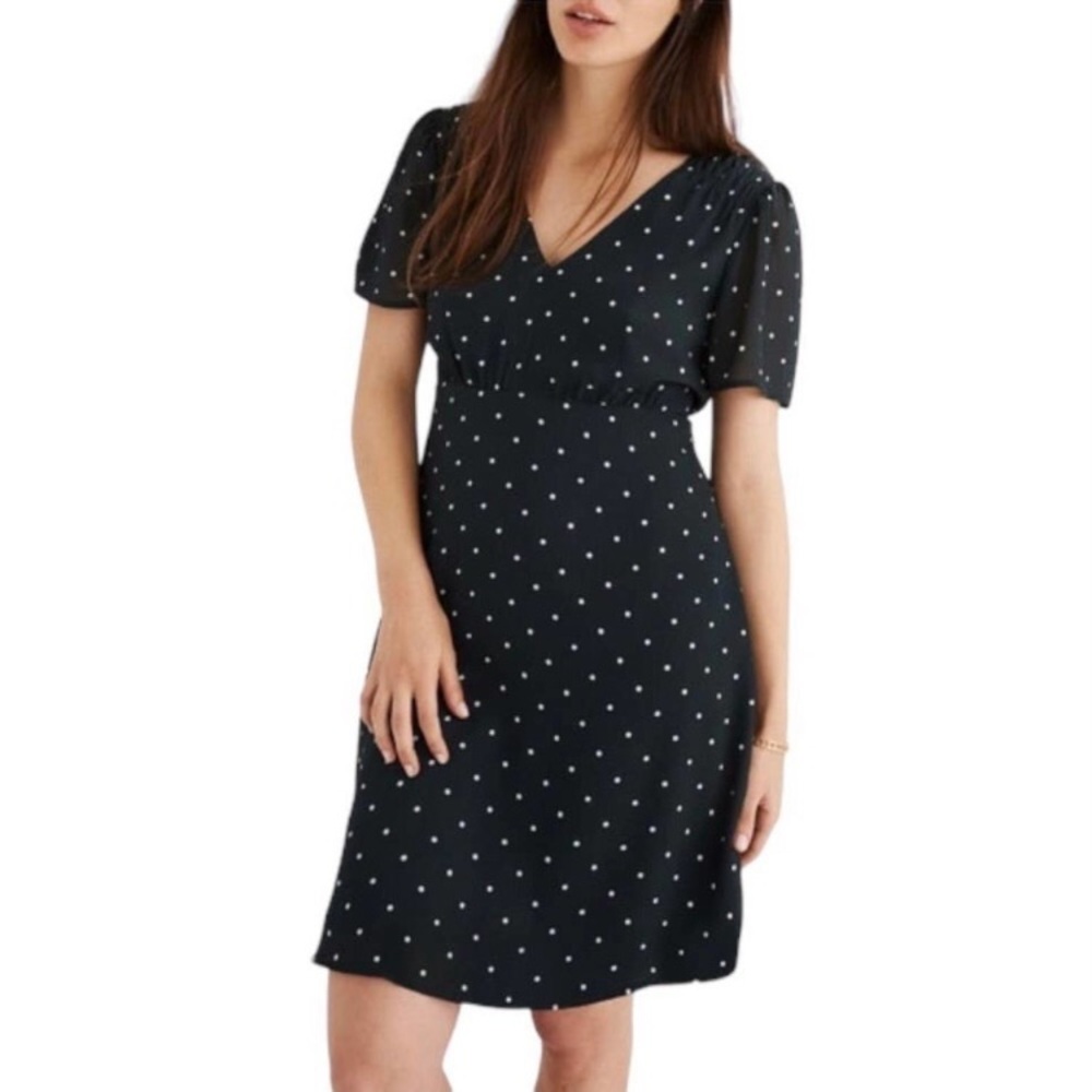 Madewell green and white dot smocked shoulder v neck dress smoky spruce, size 0 - Picture 1 of 10